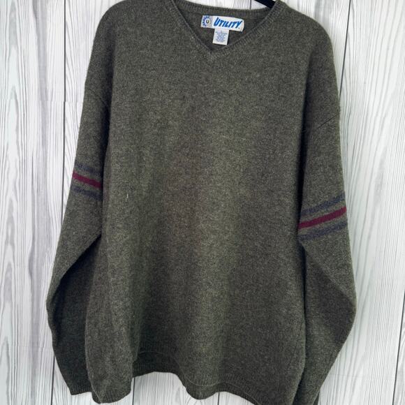 Utility Men's VTG Y2K Lambswool Blend Sweater V-neck Large Skater Grunge Olive - Picture 1 of 7